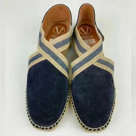 VIGUERA Women's 40 Dames Espadrille Flat Shoes Navy Blue Suede Cross Over Beach - Picture 8 of 14
